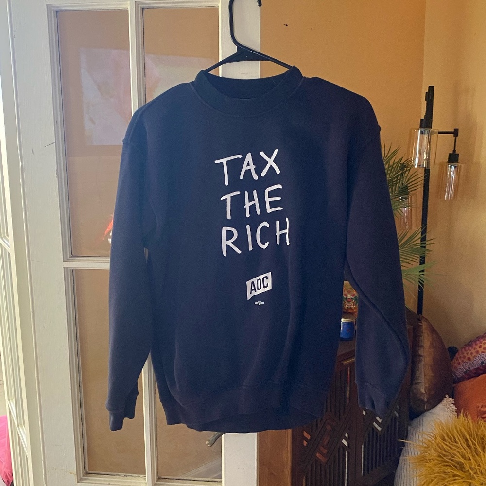AOC AMERICAN MADE TAX THE RICH NAVY DARK BLUE CREW PULLOVER SWEATER SIZE SMALL